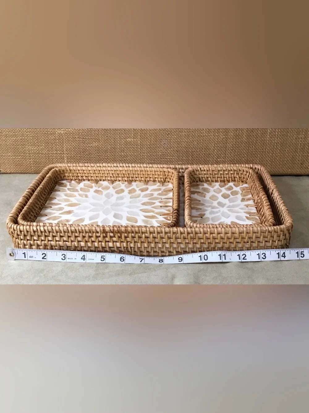 Brazil Station Handwoven Rattan Mother of Pearl Service Tray Set of Three.